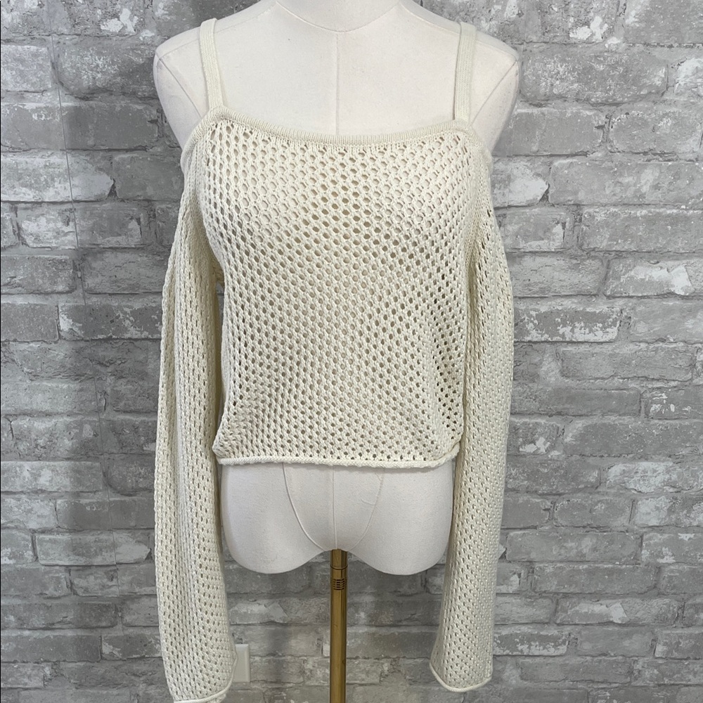 American Eagle Outfitters Ivory Open-Knit Cold Shoulder Sweater